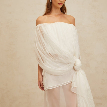 Vittoria White Top Skirt Set Tulle Fabric Asymmetrical Draped Elegance Twisted Knot Detail Semi-Sheer High-Rise Dramatic Draped Luminous Grace Style Luxury Fashion