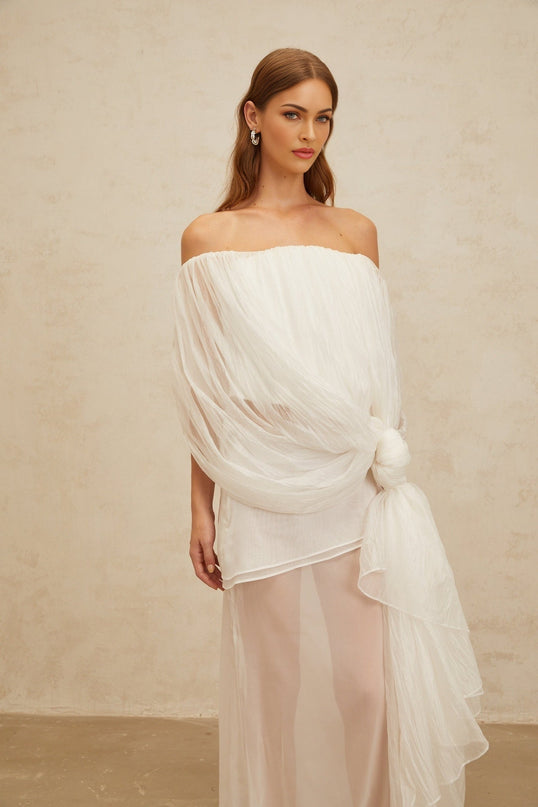 Vittoria White Top Skirt Set Tulle Fabric Asymmetrical Draped Elegance Twisted Knot Detail Semi-Sheer High-Rise Dramatic Draped Luminous Grace Style Luxury Fashion