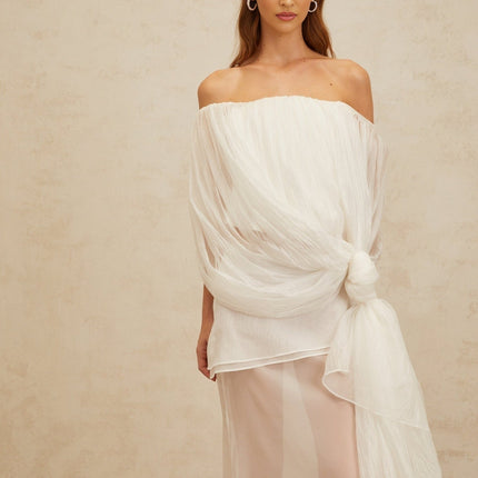 Vittoria White Top Skirt Set Tulle Fabric Draped Effect Twisted Knot Detail High Rise Dramatic Draped Detailing Side Zip Fastening 100 Terylene Fiber Special Occasions Luxury Fashion