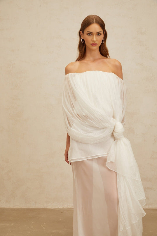 Vittoria White Top Skirt Set Tulle Fabric Draped Effect Twisted Knot Detail High Rise Dramatic Draped Detailing Side Zip Fastening 100 Terylene Fiber Special Occasions Luxury Fashion