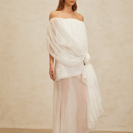 Vittoria White Top Skirt Set Tulle Fabric Draped Silhouette