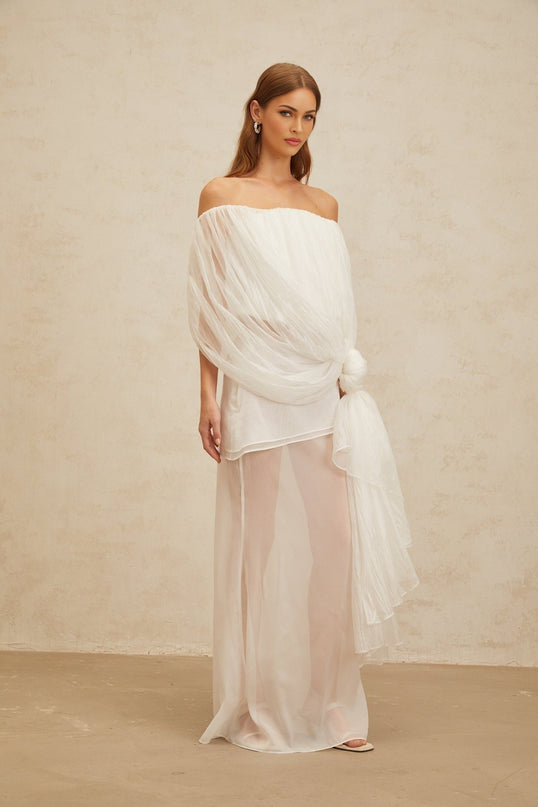 Vittoria White Top Skirt Set Tulle Fabric Draped Silhouette