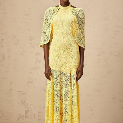 Vittoria Yellow Maxi Dress Halterneck Chantilly Lace Pleated Cape Flared Hem Viscose Cotton Polyamide