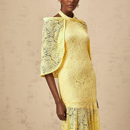 Vittoria Yellow Maxi Dress Halterneck Chantilly Lace Pleated Cape Flared Hem