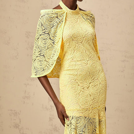 Vittoria Yellow Maxi Dress Halterneck Chantilly Lace Pleated Cape Flared Hem Rear Zip Fastening