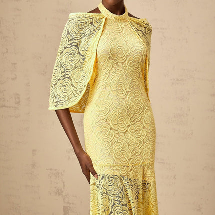 Vittoria Yellow Maxi Dress Halterneck Chantilly Lace Pleated Cape Flared Hem Viscose Cotton Polyamide