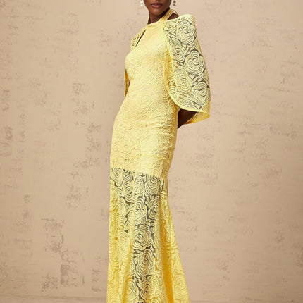 Vittoria Yellow Maxi Dress Chantilly Lace Halterneck Cape Design Flared Hem
