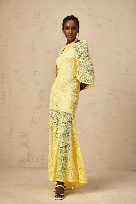 Vittoria Yellow Maxi Dress Chantilly Lace Halterneck Cape Design Flared Hem