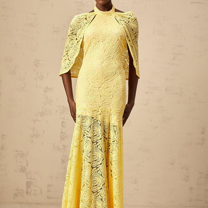 Vittoria Yellow Maxi Dress Halterneck Chantilly Lace Pleated Cape Flared Hem