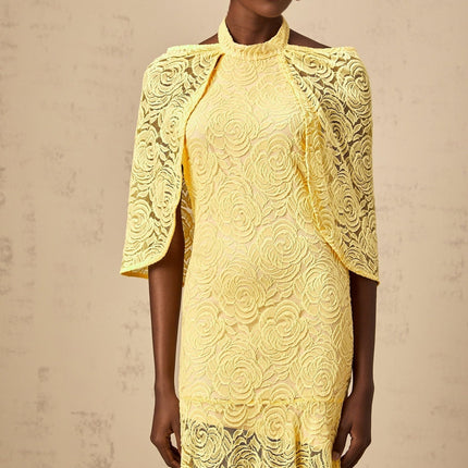 Vittoria Yellow Maxi Dress Halterneck Chantilly Lace Pleated Cape Flared Hem Viscose Cotton Polyamide