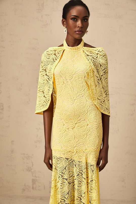 Vittoria Yellow Maxi Dress Halterneck Chantilly Lace Pleated Cape Flared Hem Viscose Cotton Polyamide