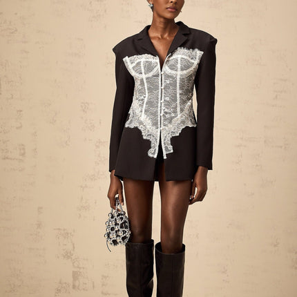 Vivian Black Blazer Lace Panel Tailored Fit