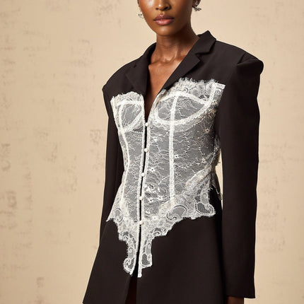 Vivian Black Blazer Lace Panel Tailored Fit