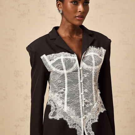 Vivian Black Blazer Lace Panel Tailored Fit