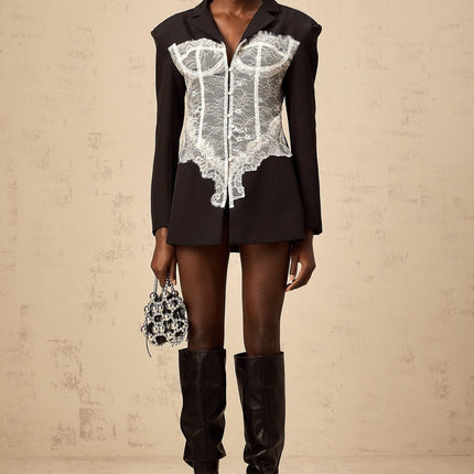Vivian Black Lace Panel Blazer Tailored Fit