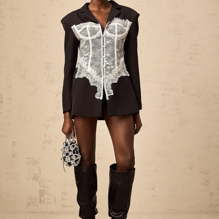 Vivian Black White Peak Lapel Blazer Lace Panel Tailored Fit