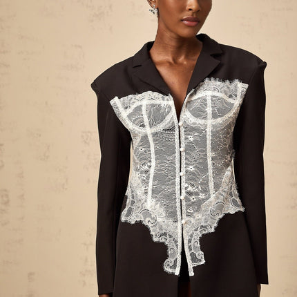 Vivian Black White Peak Lapel Blazer Lace Panel Tailored Fit