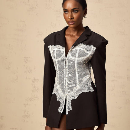 Vivian Black White Peak Lapel Lace Panel Blazer Tailored Fit