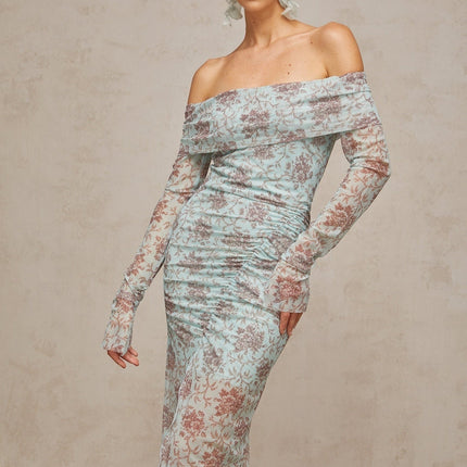 Vivian Blue Floral Maxi Dress in Luxurious Terylene Spandex Blend with Ruched Detailing and Off-the-Shoulder Design