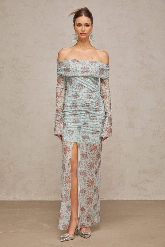 Vivian Blue Floral Maxi Dress Terylene Spandex Ruched Semi-Sheer Off-Shoulder Long Sleeves High Slit Fitted Side Zip