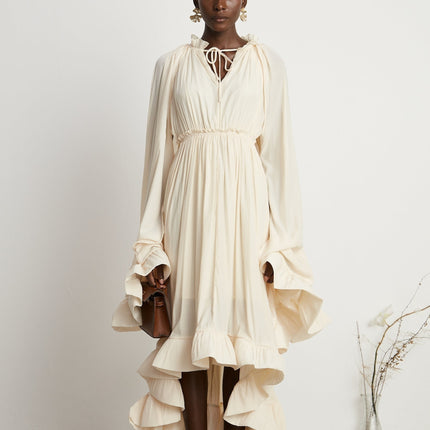 Vivian Neutrals Midi Dress V-neck Ruffled Cape Elasticated Waistband Shift Style Emulation Silk