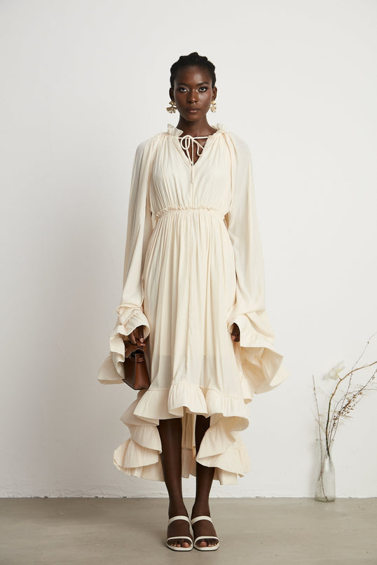 Vivian Neutrals Midi Dress V-neck Ruffled Cape Elasticated Waistband Shift Style Emulation Silk
