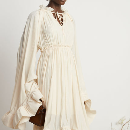 Vivian Neutrals Midi Dress V-neck Ruffled Cape Elasticated Waistband Shift Style Rear Curved Hem 100% Emulation Silk
