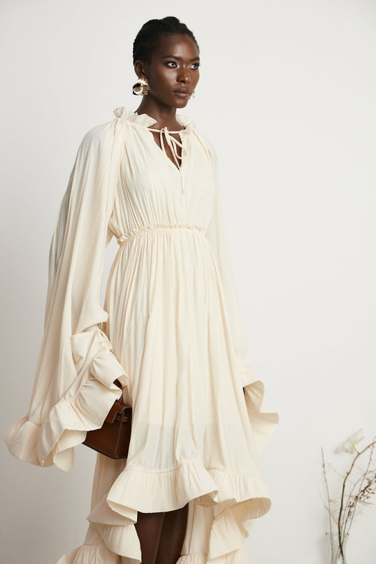 Vivian Neutrals Midi Dress V-neck Ruffled Cape Elasticated Waistband Shift Style Rear Curved Hem 100% Emulation Silk