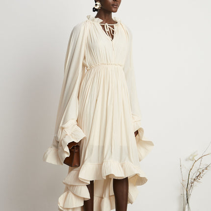 Vivian Neutrals Midi Dress with V-neck and ruffled detailing in emulation silk