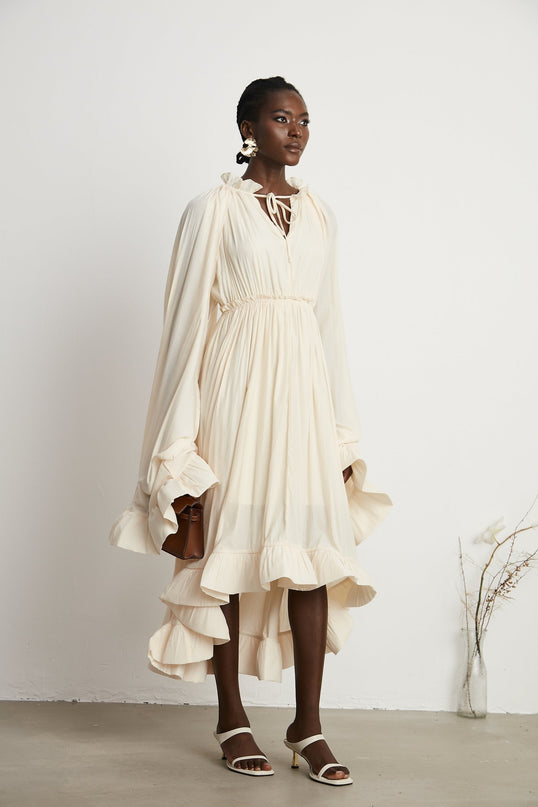 Vivian Neutrals Midi Dress with V-neck and ruffled detailing in emulation silk