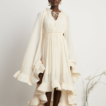 Vivian Neutrals Midi Dress V-neck Ruffled Cape Elasticated Waistband Shift Style Rear Curved Hem 100% Emulation Silk