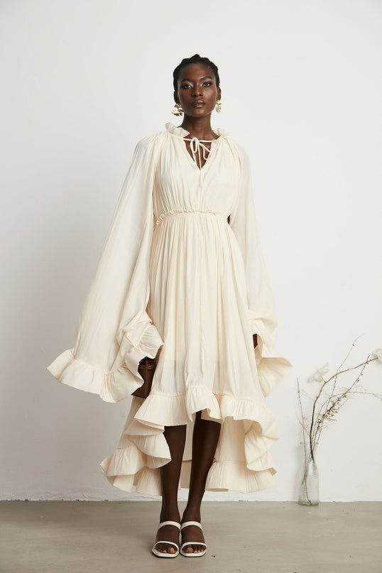 Vivian Neutrals Midi Dress V-neck Ruffled Cape Elasticated Waistband Shift Style Rear Curved Hem 100% Emulation Silk