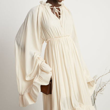 Vivian Neutrals Midi Dress V-neck Ruffled Cape Elasticated Waistband Shift Style Rear Curved Hem Emulation Silk