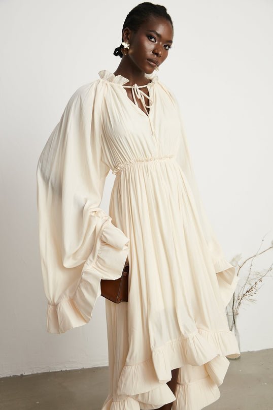 Vivian Neutrals Midi Dress V-neck Ruffled Cape Elasticated Waistband Shift Style Rear Curved Hem Emulation Silk