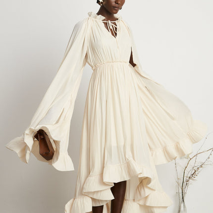 Vivian Neutrals Shift Midi Dress with Cape Design and Ruffled Detailing