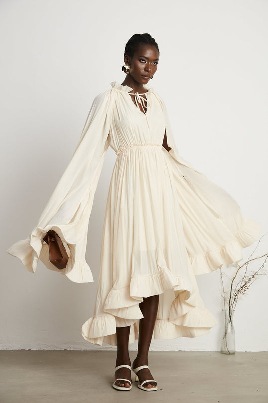 Vivian Neutrals Shift Midi Dress with Cape Design and Ruffled Detailing