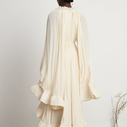 Vivian Neutrals Shift Midi Dress with Cape Design and Ruffled Detailing
