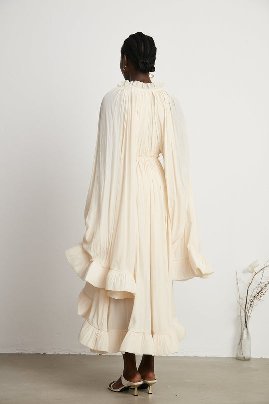Vivian Neutrals Shift Midi Dress with Cape Design and Ruffled Detailing