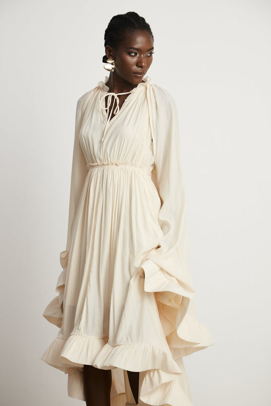 Vivian Neutrals Shift Midi Dress with V-Neck and Cape Design