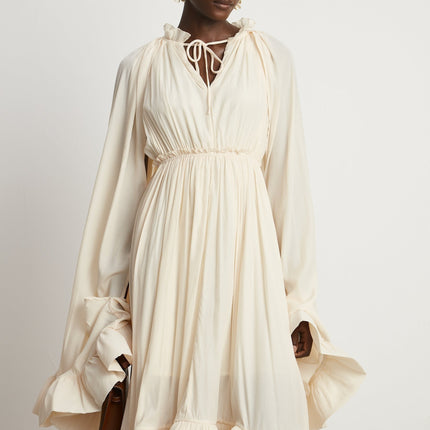 Vivian Neutrals Shift Midi Dress with Ruffled Detailing and Cape Design