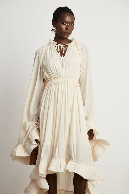 Vivian Neutrals Shift Midi Dress with Ruffled Detailing and Cape Design