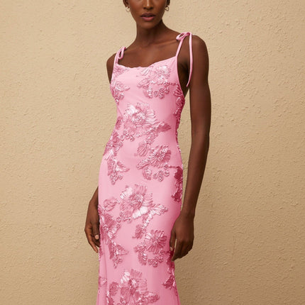Vivian Pink Floral Jacquard Maxi Dress with Spaghetti Straps and Open Back