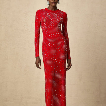 Vivian Red Tulle Maxi Dress with Rhinestone Embellishments and Flared Sleeves