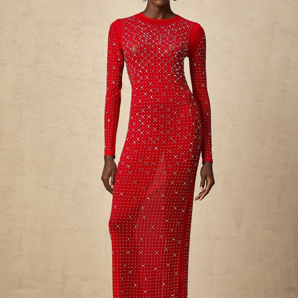Vivian Red Tulle Maxi Dress with Rhinestone Embellishments