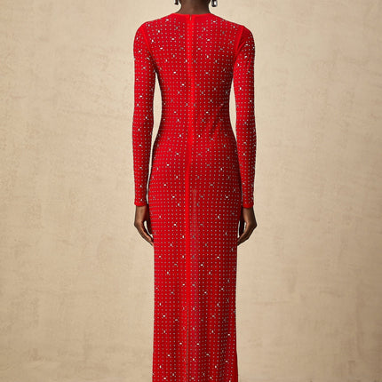 Vivian Red Tulle Maxi Dress Rhinestone Embellishments Flared Sleeves Stud Detailing Flared Hem Stretch Design Rear Zip Fastening Polyamide Elastane