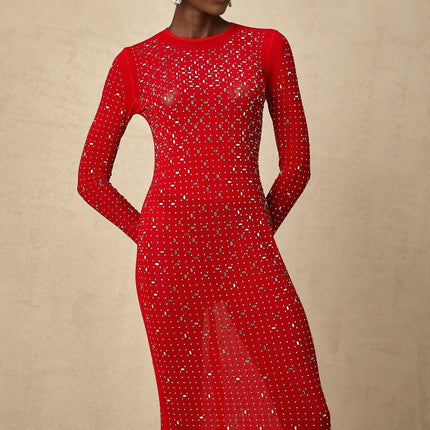 Vivian Red Tulle Maxi Dress with Rhinestone Embellishments and Flared Sleeves