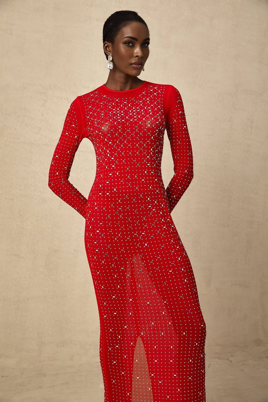 Vivian Red Tulle Maxi Dress with Rhinestone Embellishments and Flared Sleeves