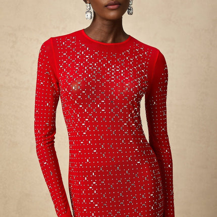 Vivian Red Tulle Maxi Dress with Rhinestone Embellishments and Flared Sleeves