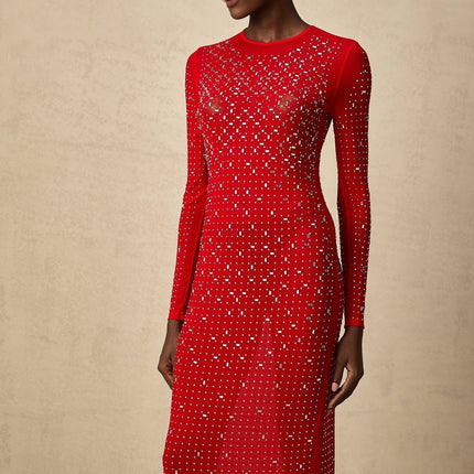 Vivian Red Tulle Maxi Dress with Rhinestone Embellishments and Flared Sleeves