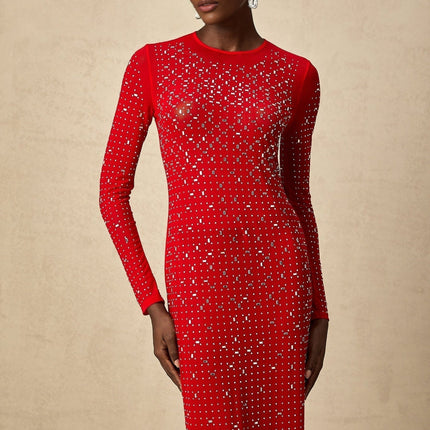 Vivian Red Tulle Maxi Dress with Rhinestone Embellishments and Flared Sleeves
